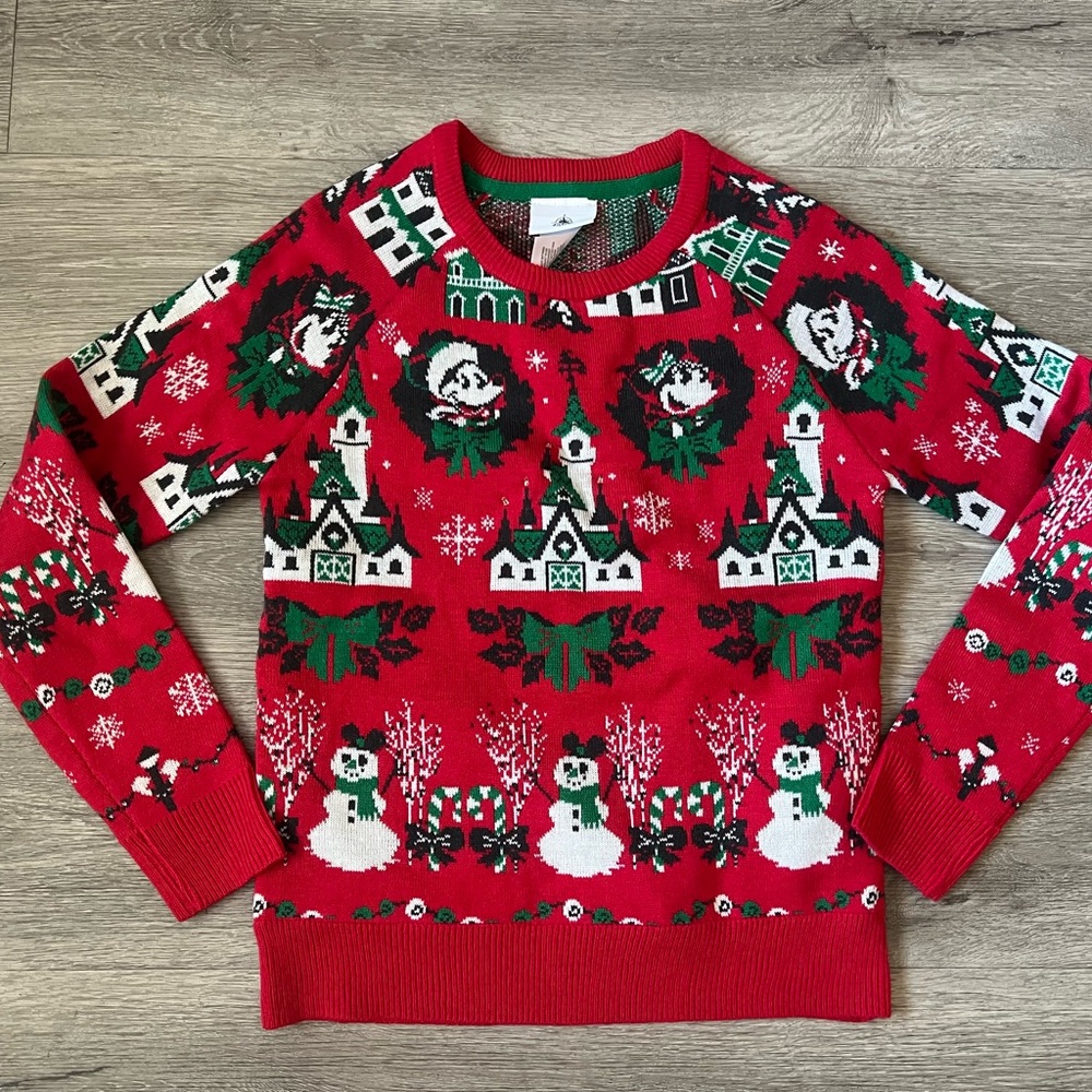 DISNEY ADULT CHRISTMAS SWEATER XS RED MICKEY MINNIE MOUSE GRAPHIC PULLOVER